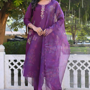 Dark Purple Floral Hand Work Viscose Straight Salwar Suit