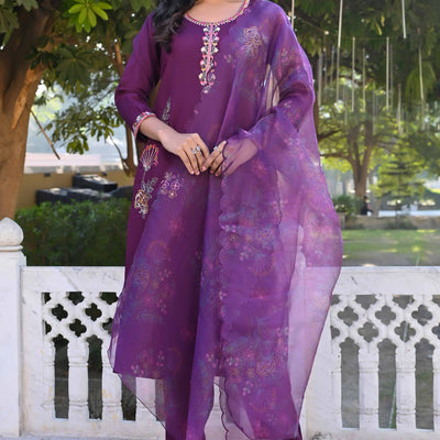 Dark Purple Floral Hand Work Viscose Straight Salwar Suit