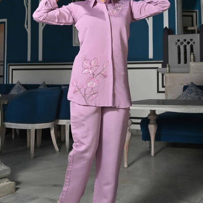 Mauve Floral Hand Work Embroidered Chanderi Co-Ord Set