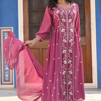 Mauve Floral Embroidered Georgette Front Slit Salwar Suit