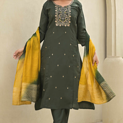 Mehandi Green Floral Embroidered Viscose A-Line Salwar Suit