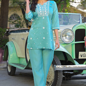 Mint Green Floral Embroidered Viscose Gadwal Silk Top Bottom Set