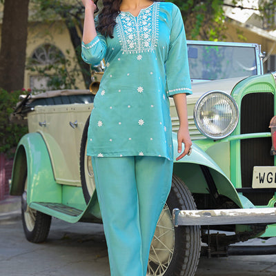 Mint Green Floral Embroidered Viscose Gadwal Silk Top Bottom Set
