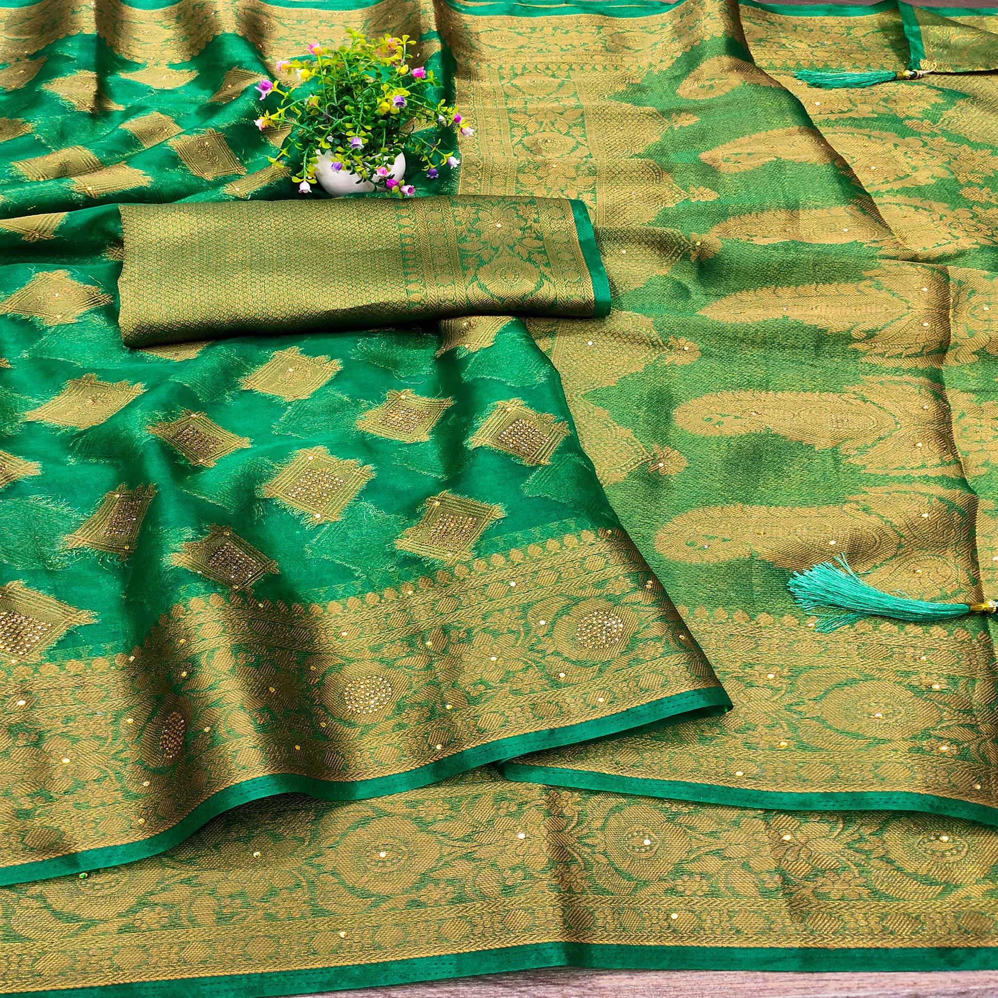 green-woven-with-stonework-organza-jacquard-saree
