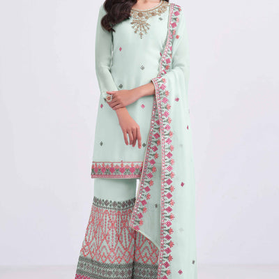 Light Blue Sequins Embroidered With Stonework Georgette Semi Stitched Suit