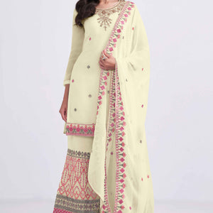 Light Yellow Sequins Embroidered With Stonework Georgette Semi Stitched Suit