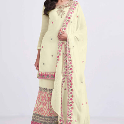 Light Yellow Sequins Embroidered With Stonework Georgette Semi Stitched Suit