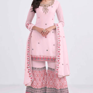 Light Pink Sequins Embroidered With Stonework Georgette Semi Stitched Suit
