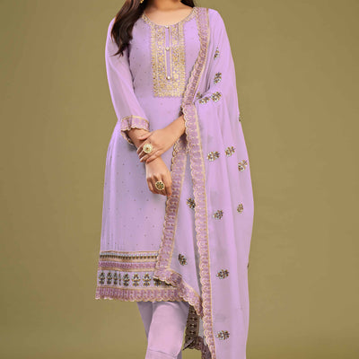 Lavender Floral Embroidery With Swarovski Work Georgette Semi Stitched Suit