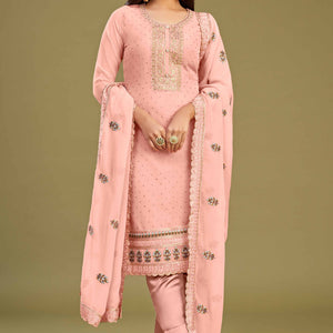Gajari Pink Floral Embroidery With Swarovski Work Georgette Semi Stitched Suit