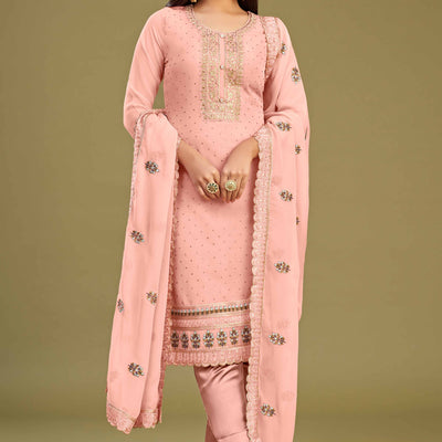 Gajari Pink Floral Embroidery With Swarovski Work Georgette Semi Stitched Suit
