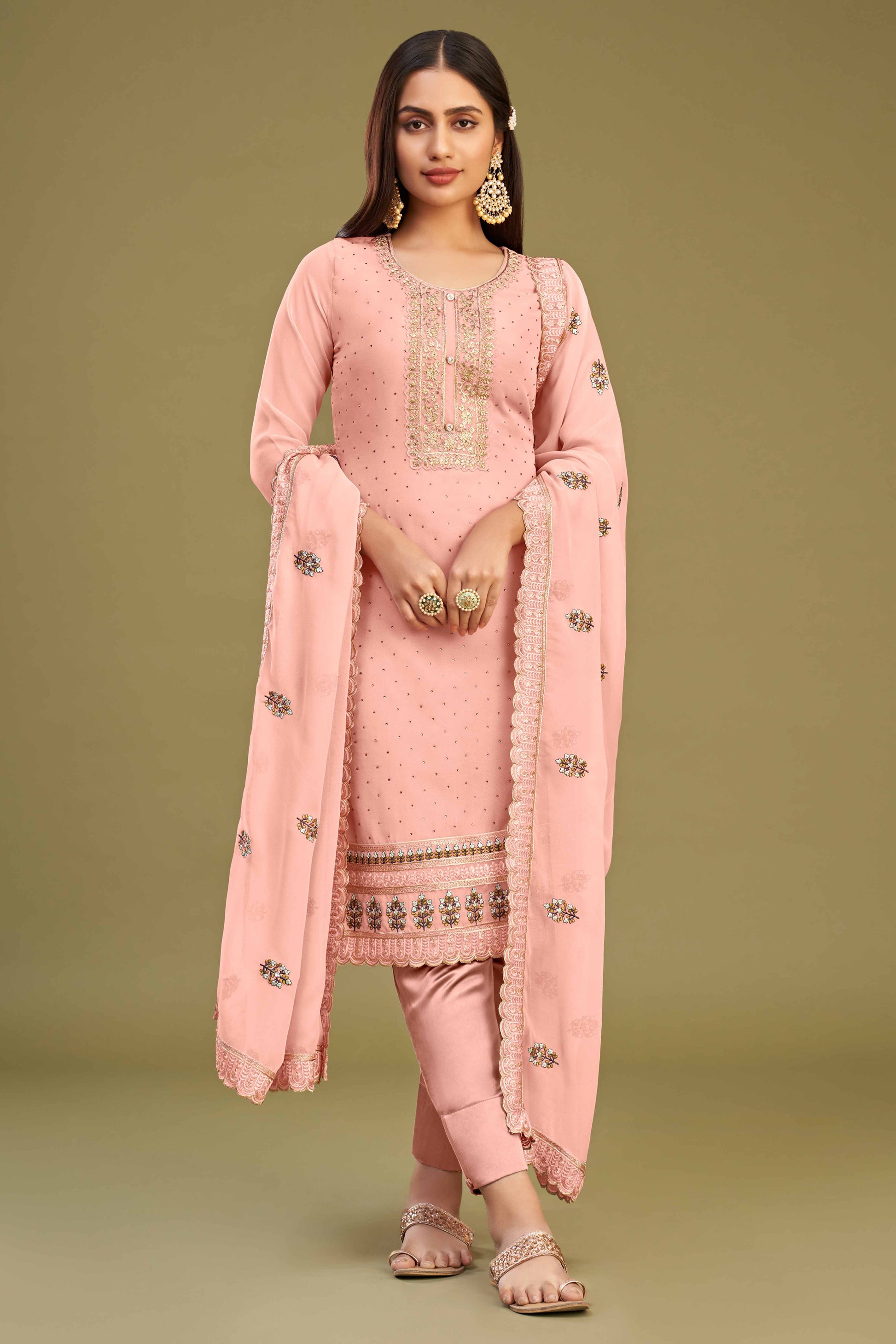 Gajari Pink Floral Embroidery With Swarovski Work Georgette Semi Stitched Suit