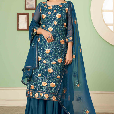 Morpich Blue Floral Sequins Embroidered Georgette Semi Stitched Suit