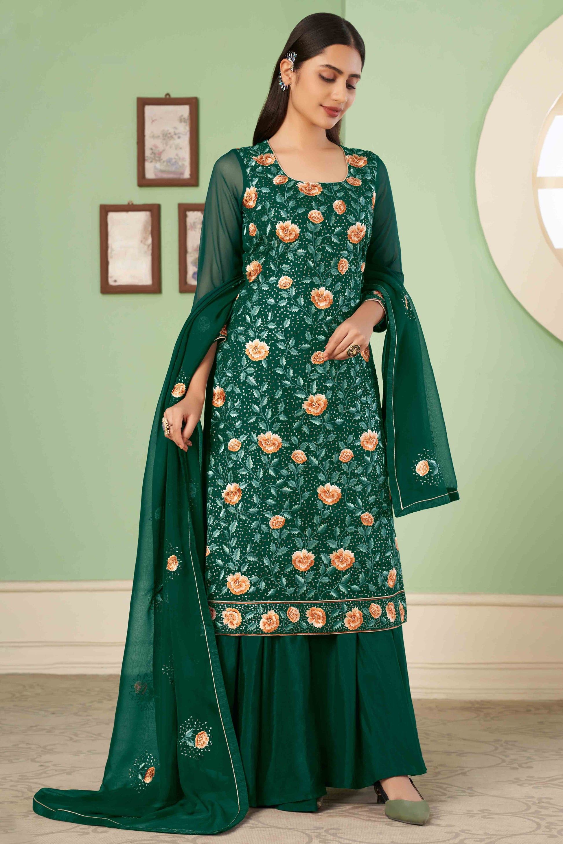 green-floral-sequins-embroidered-georgette-semi-stitched-suit-16