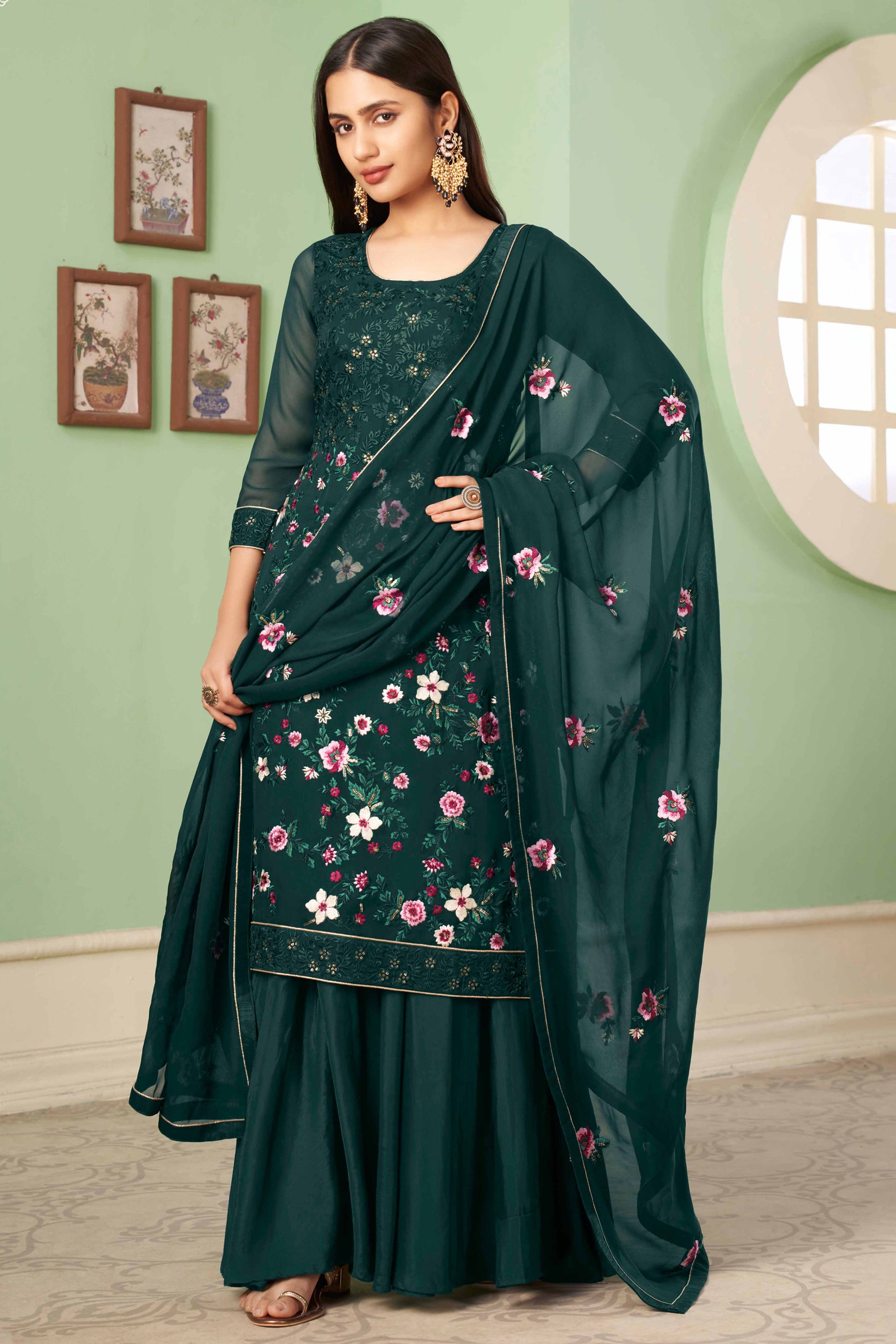 green-floral-sequins-embroidered-georgette-semi-stitched-suit-17