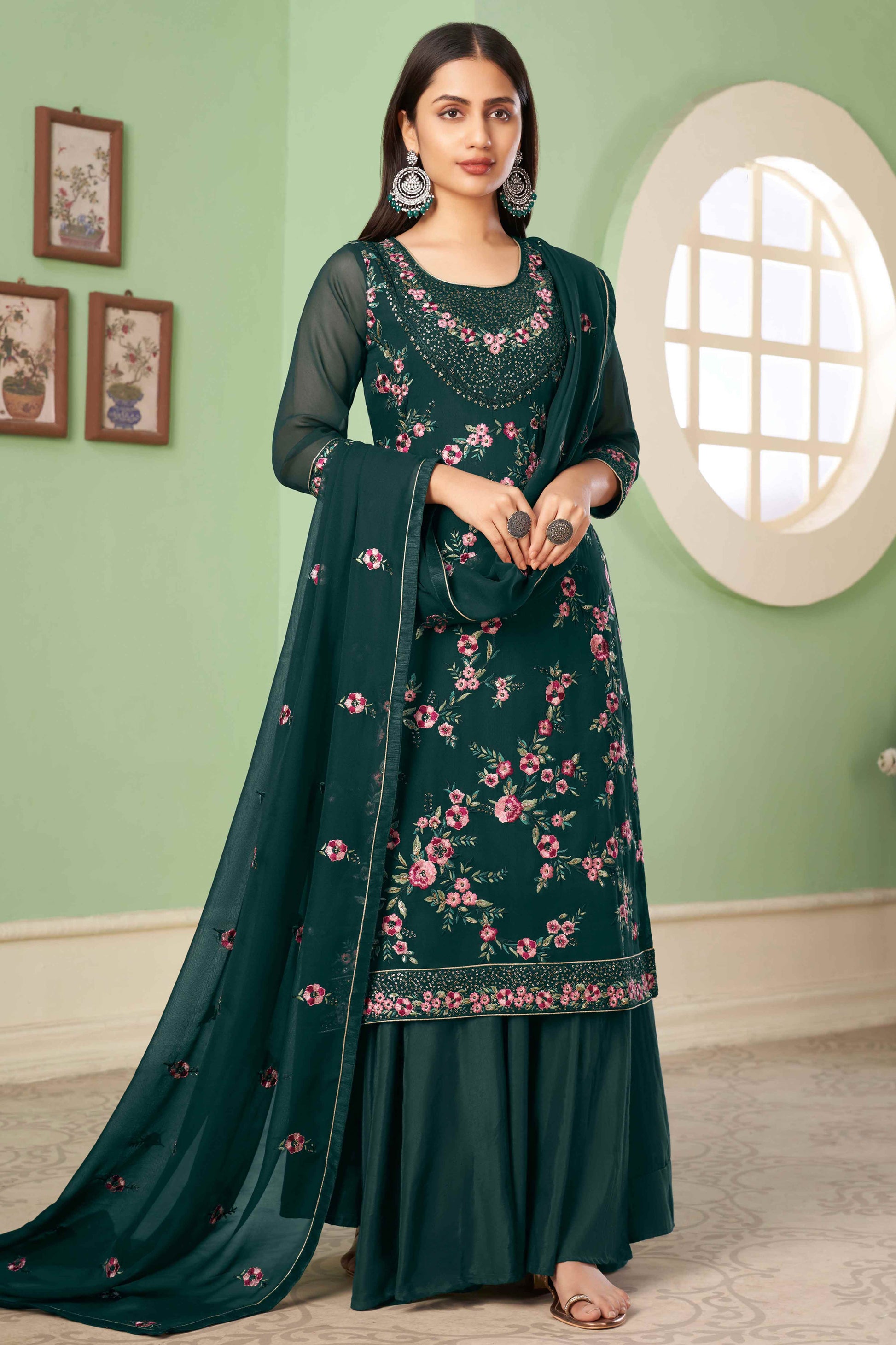 green-floral-sequins-embroidered-georgette-semi-stitched-suit-19