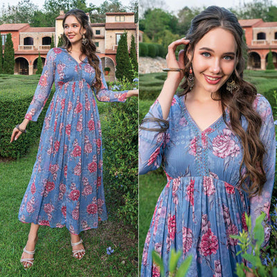 Greyish Blue Printed With Handwork Chiffon Dress