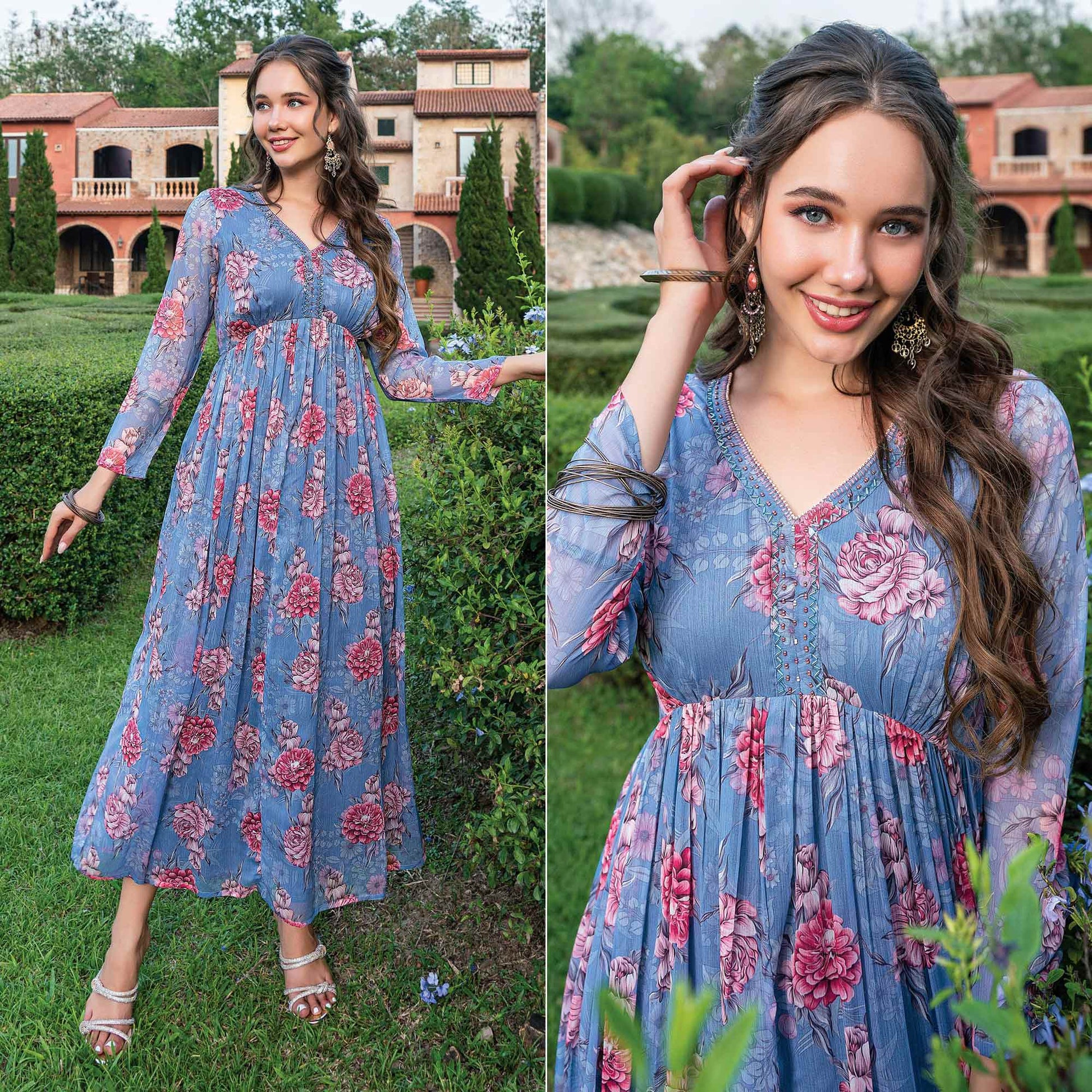 Greyish Blue Printed With Handwork Chiffon Dress