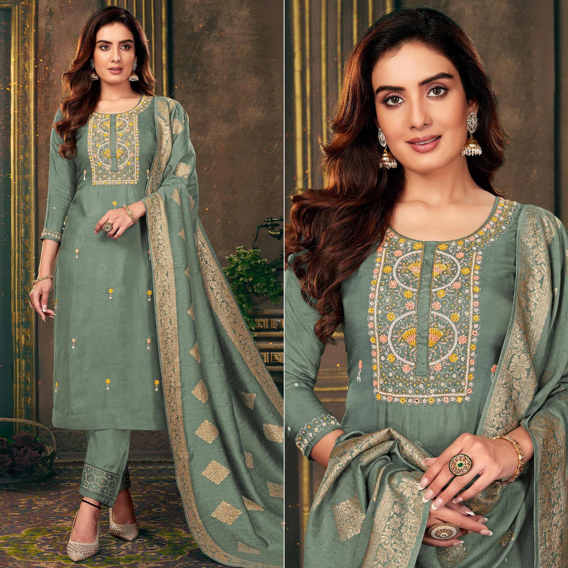 green-floral-embroidered-dola-silk-suit