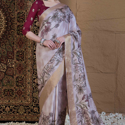 Mauve Floral Printed Viscose Saree