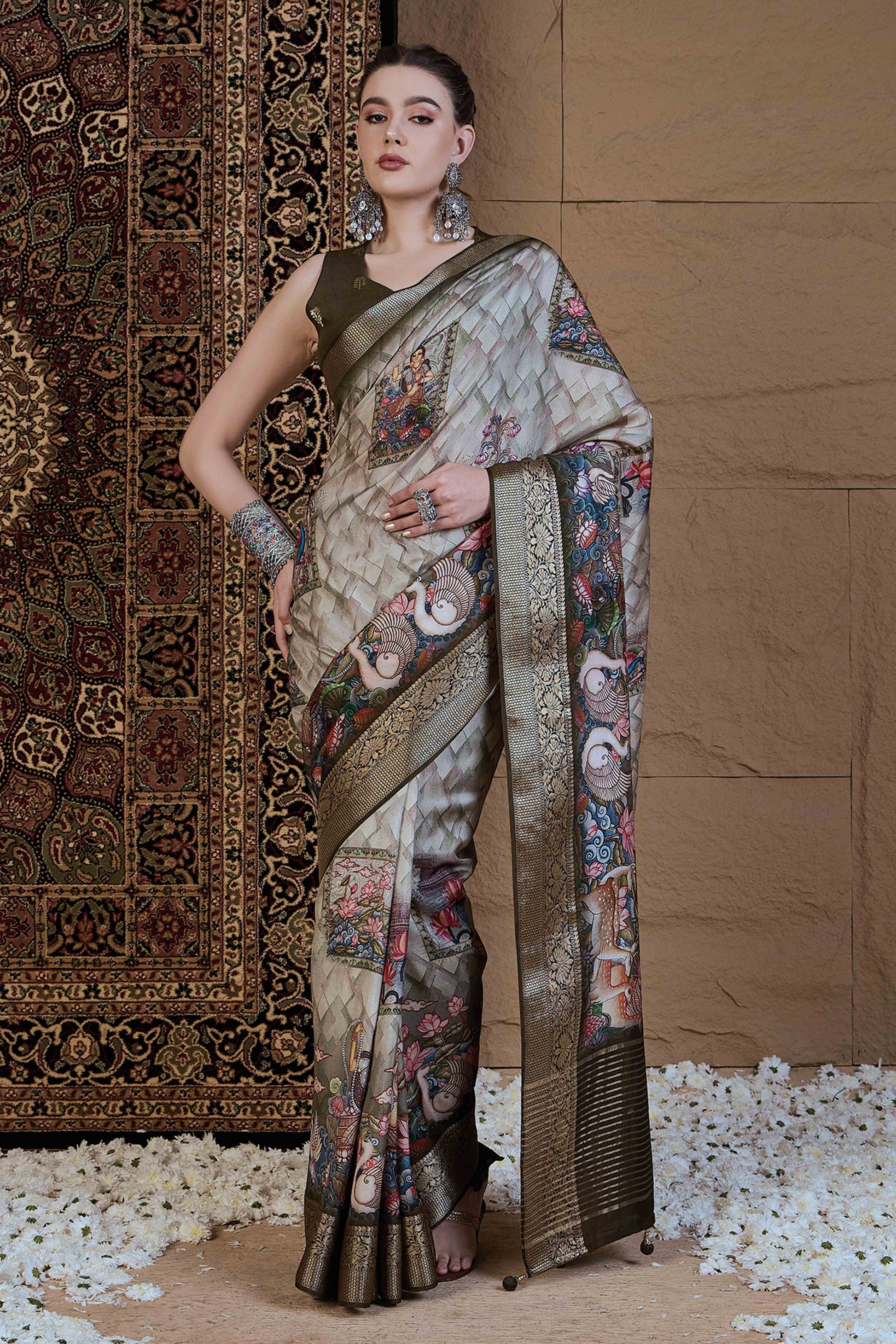 Light Green Floral Printed Viscose Saree