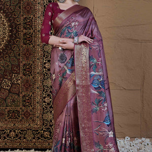 Dark Mauve Floral Printed Viscose Saree