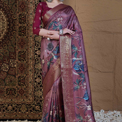 Dark Mauve Floral Printed Viscose Saree