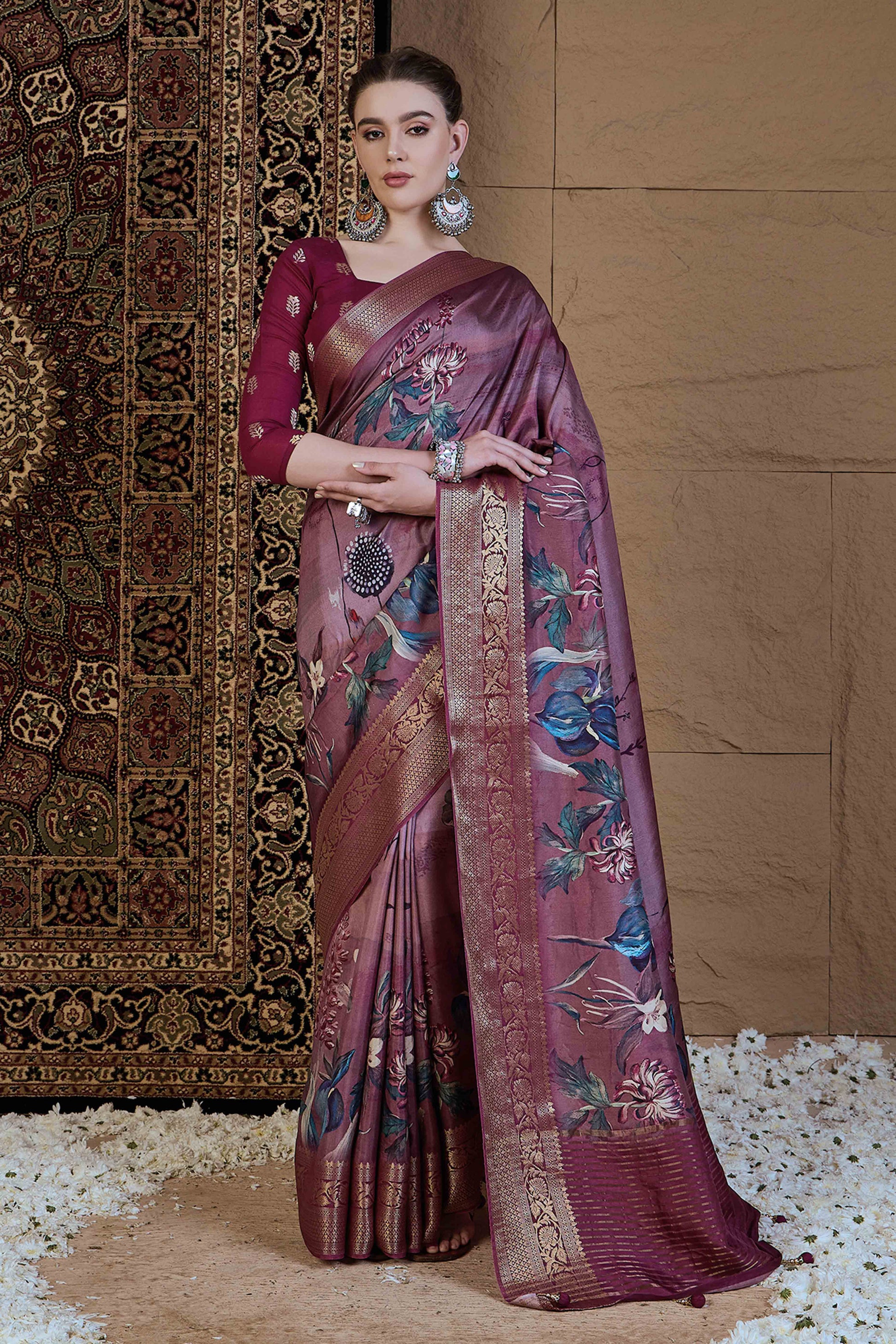 Dark Mauve Floral Printed Viscose Saree