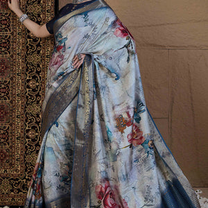 Bluish Grey Floral Printed Viscose Saree