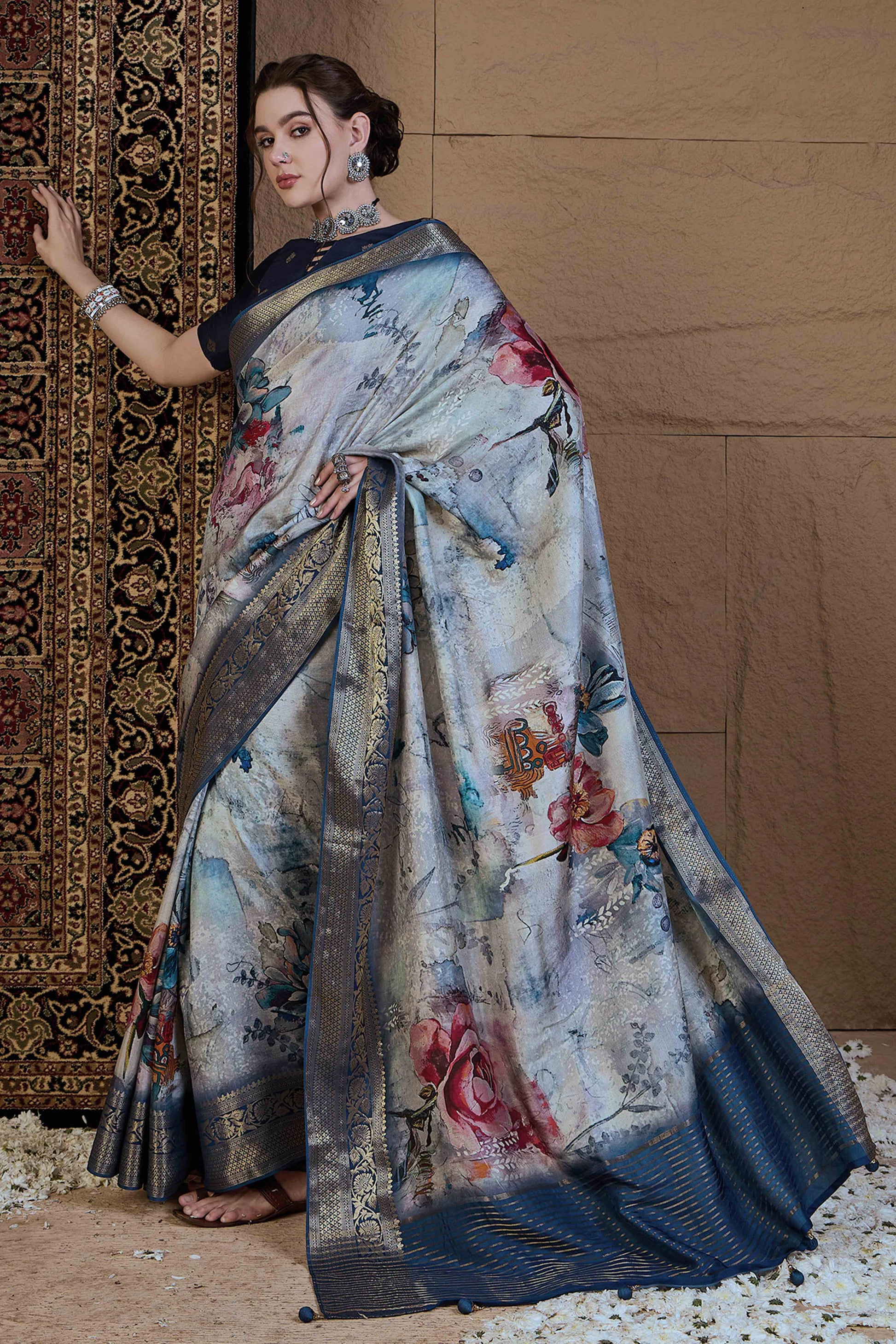 Bluish Grey Floral Printed Viscose Saree