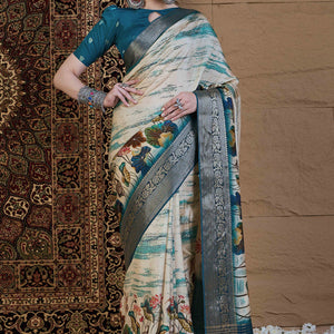 Cream & Teal Floral Printed Viscose Saree