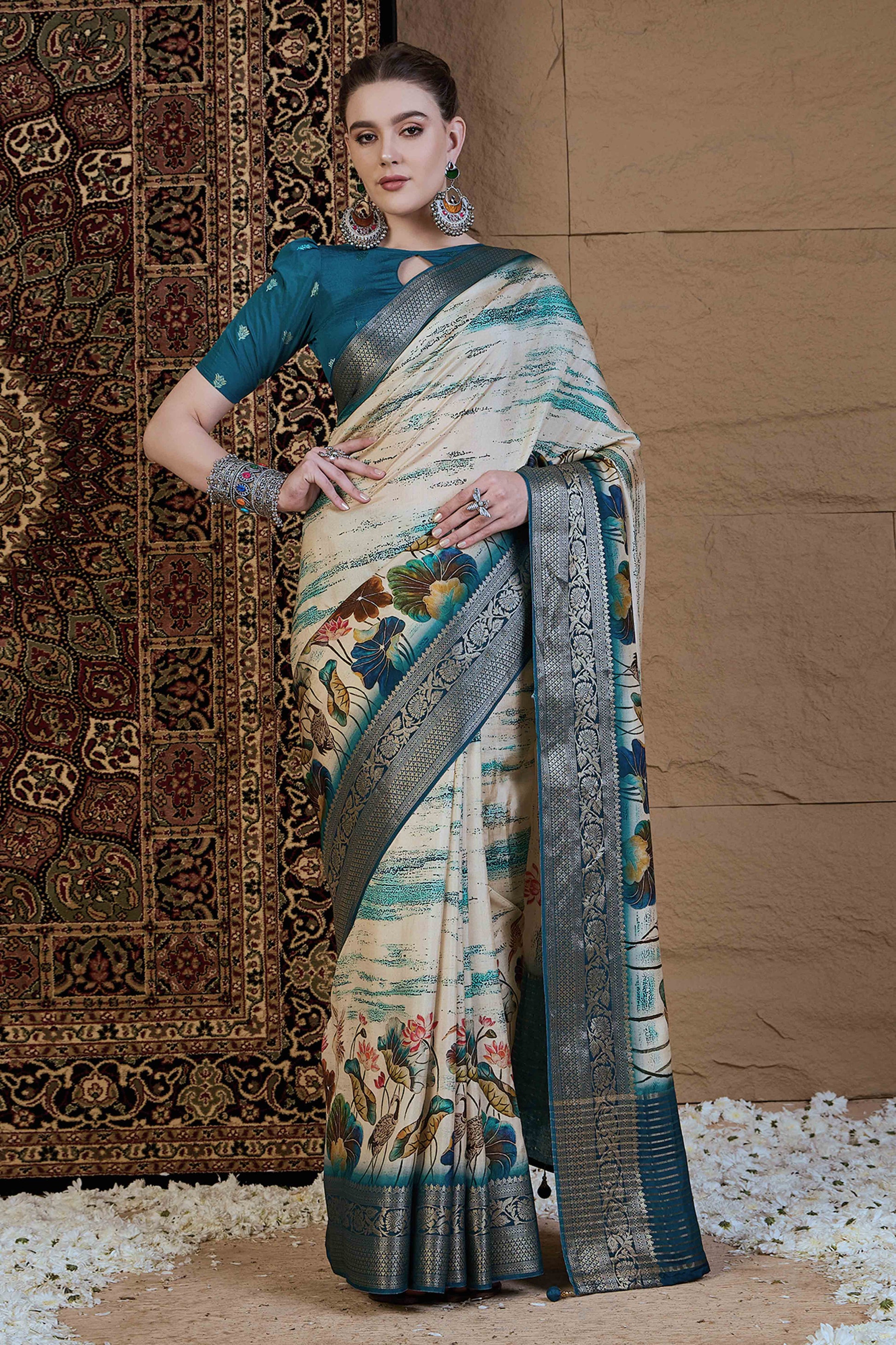 Cream & Teal Floral Printed Viscose Saree