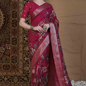 Magenta Floral Printed Viscose Saree