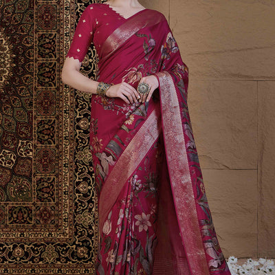 Magenta Floral Printed Viscose Saree