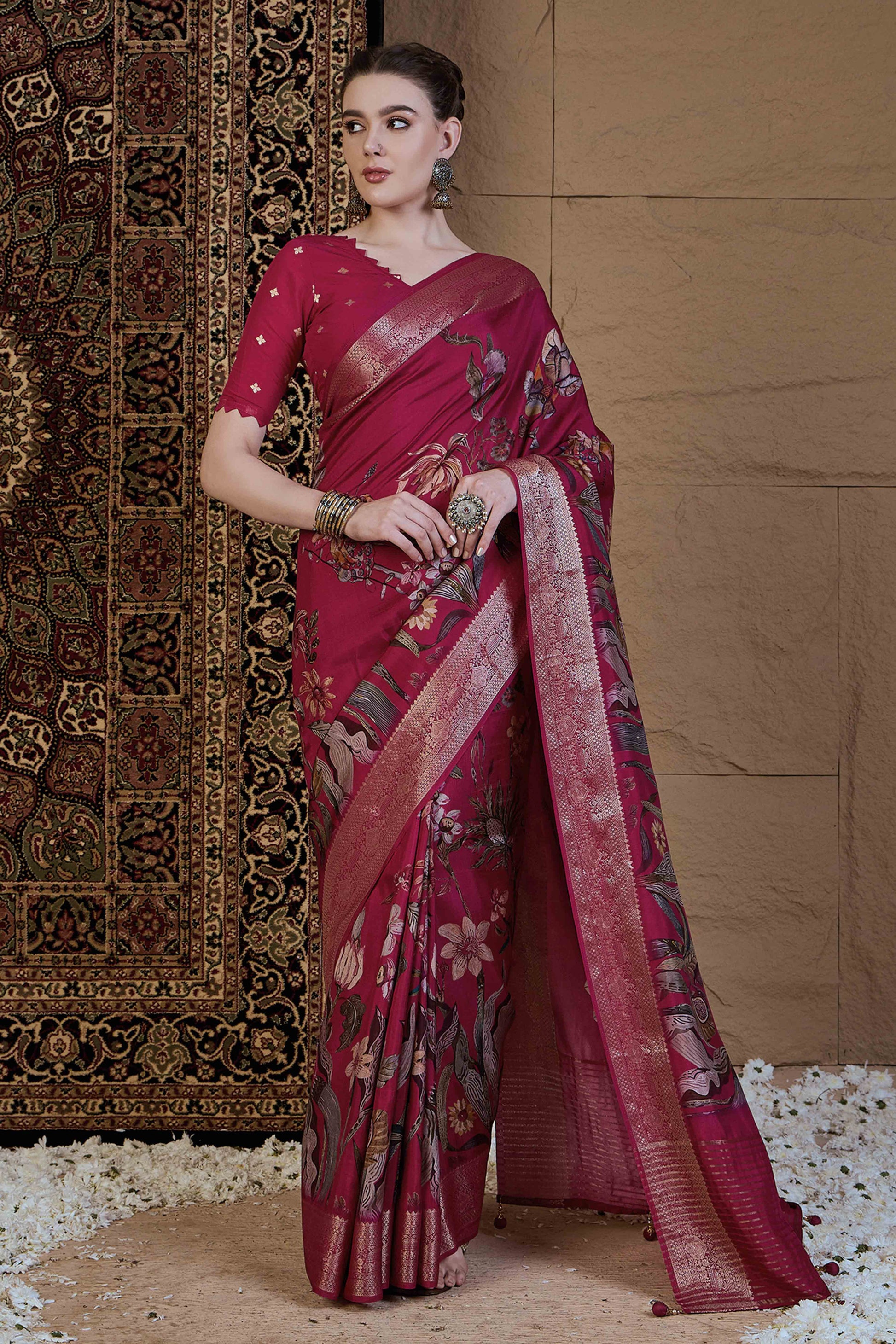Magenta Floral Printed Viscose Saree