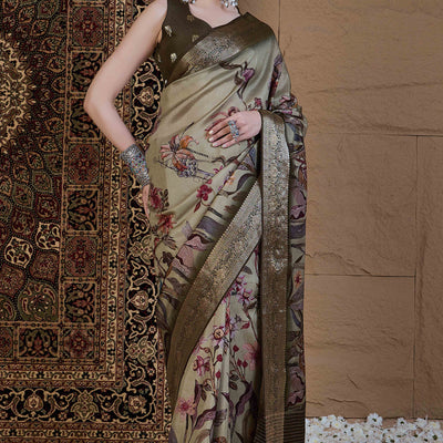 Light Green Floral Printed Viscose Saree