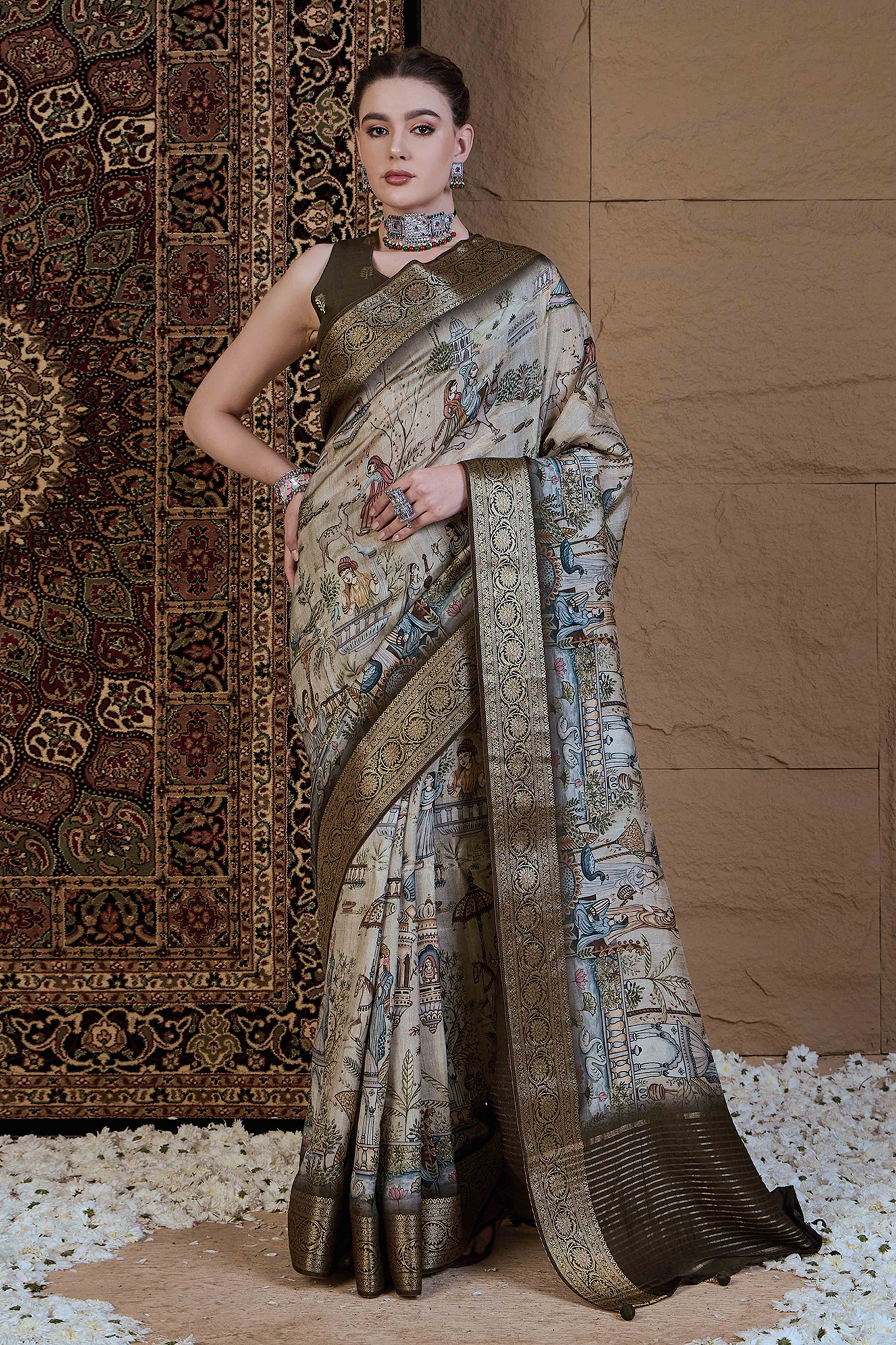 Light Green Floral Printed Viscose Saree