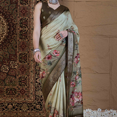 Light Green Floral Printed Viscose Saree