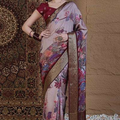 Light Mauve Floral Printed Viscose Saree