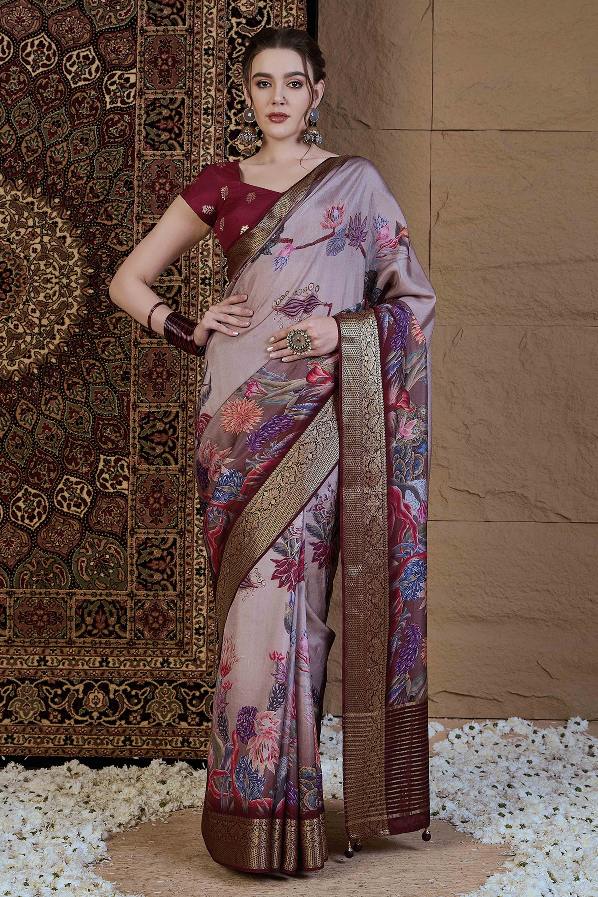 Light Mauve Floral Printed Viscose Saree