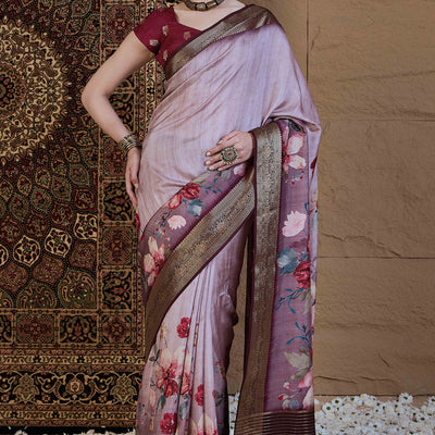 Light Mauve Floral Printed Viscose Saree