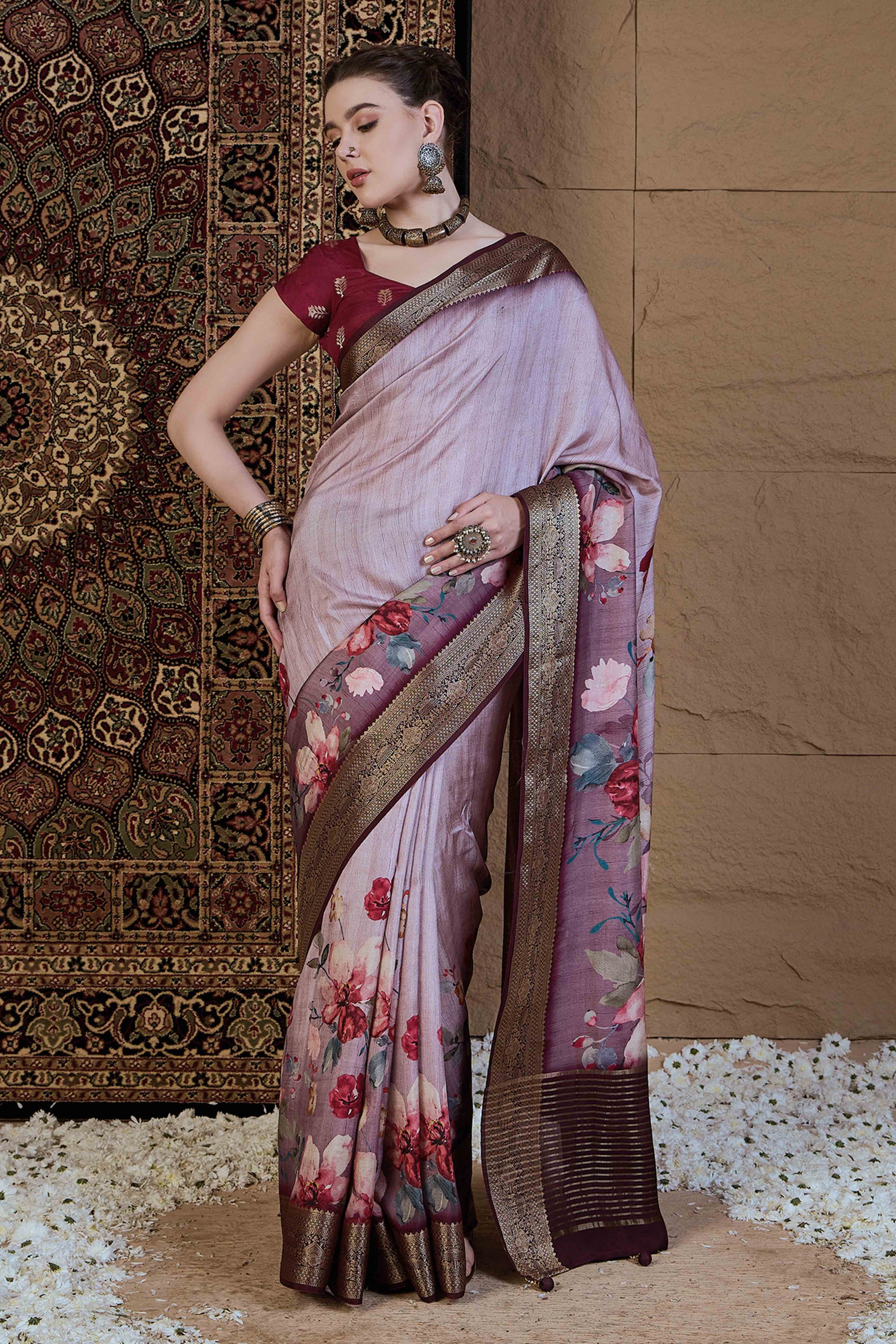 Light Mauve Floral Printed Viscose Saree