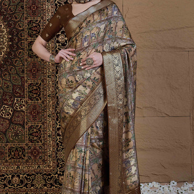 Light Brown Abstract Print Printed Viscose Saree