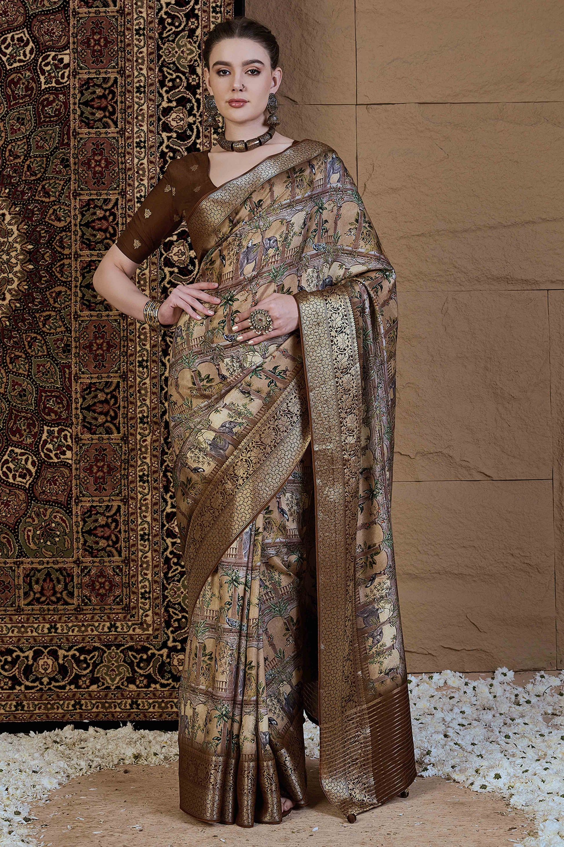 Light Brown Abstract Print Printed Viscose Saree