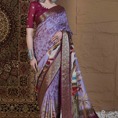 Lavender Floral Printed Viscose Saree