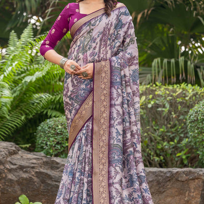 Light Purple Floral Printed Viscose Saree