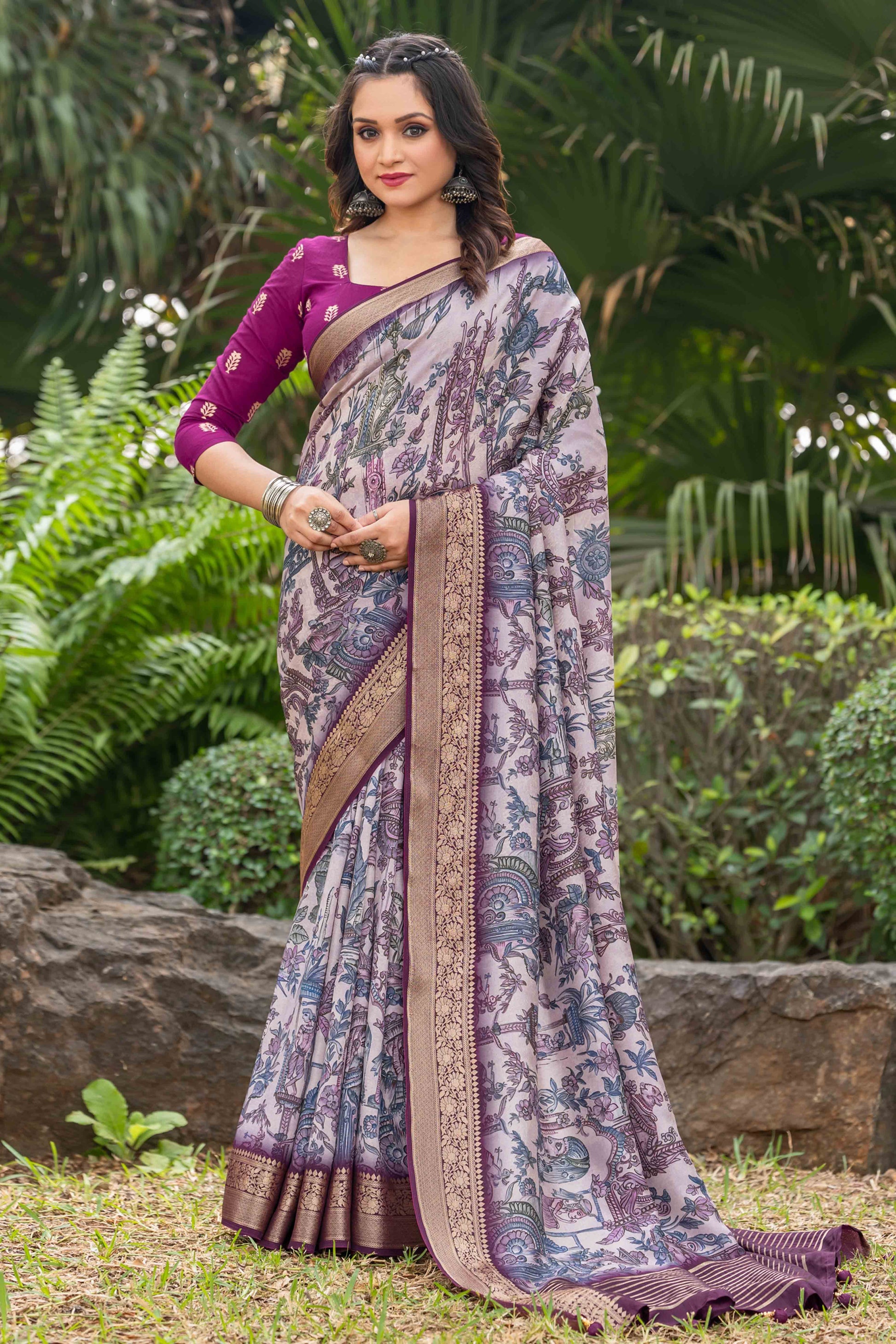 Light Purple Floral Printed Viscose Saree