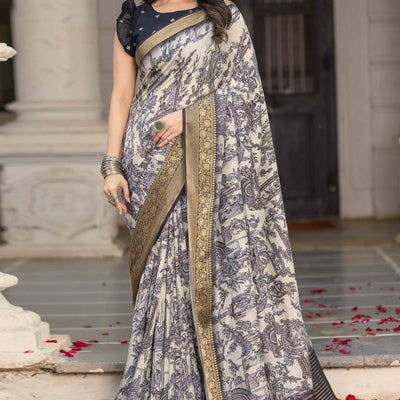 Cream Floral Printed Viscose Saree