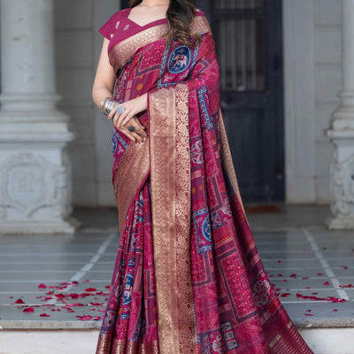 Burgundy Geometric Printed Viscose Saree