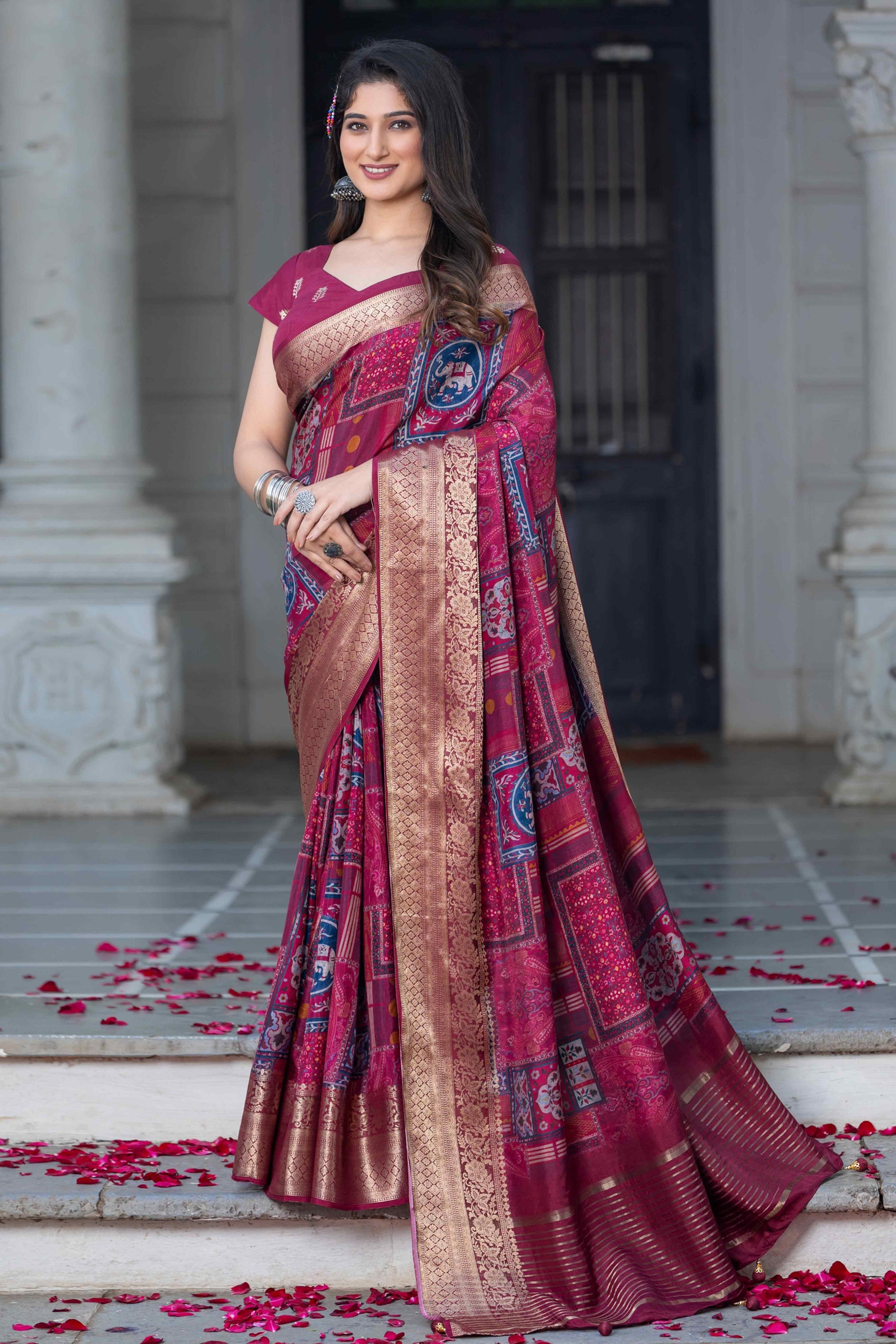 Burgundy Geometric Printed Viscose Saree
